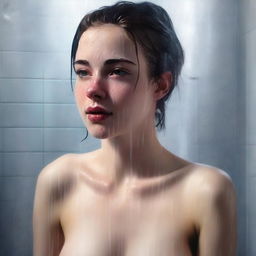 A hyper-realistic digital painting of an 18-year-old woman in a shower scene