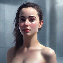 A hyper-realistic digital painting of an 18-year-old woman in a shower scene