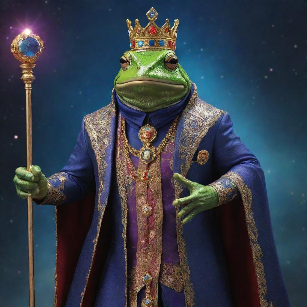 A regal and powerful frog, styled as a universal boss, adorned in cosmic garments and holding a scepter manifesting control over elements of the universe.