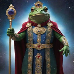 A regal and powerful frog, styled as a universal boss, adorned in cosmic garments and holding a scepter manifesting control over elements of the universe.