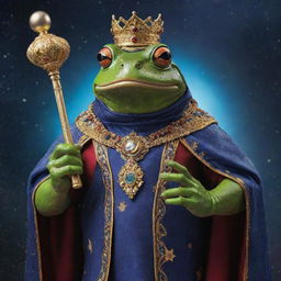 A regal and powerful frog, styled as a universal boss, adorned in cosmic garments and holding a scepter manifesting control over elements of the universe.