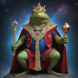 A regal and powerful frog, styled as a universal boss, adorned in cosmic garments and holding a scepter manifesting control over elements of the universe.