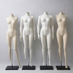 A collection of stylish, headless mannequins in various poses.