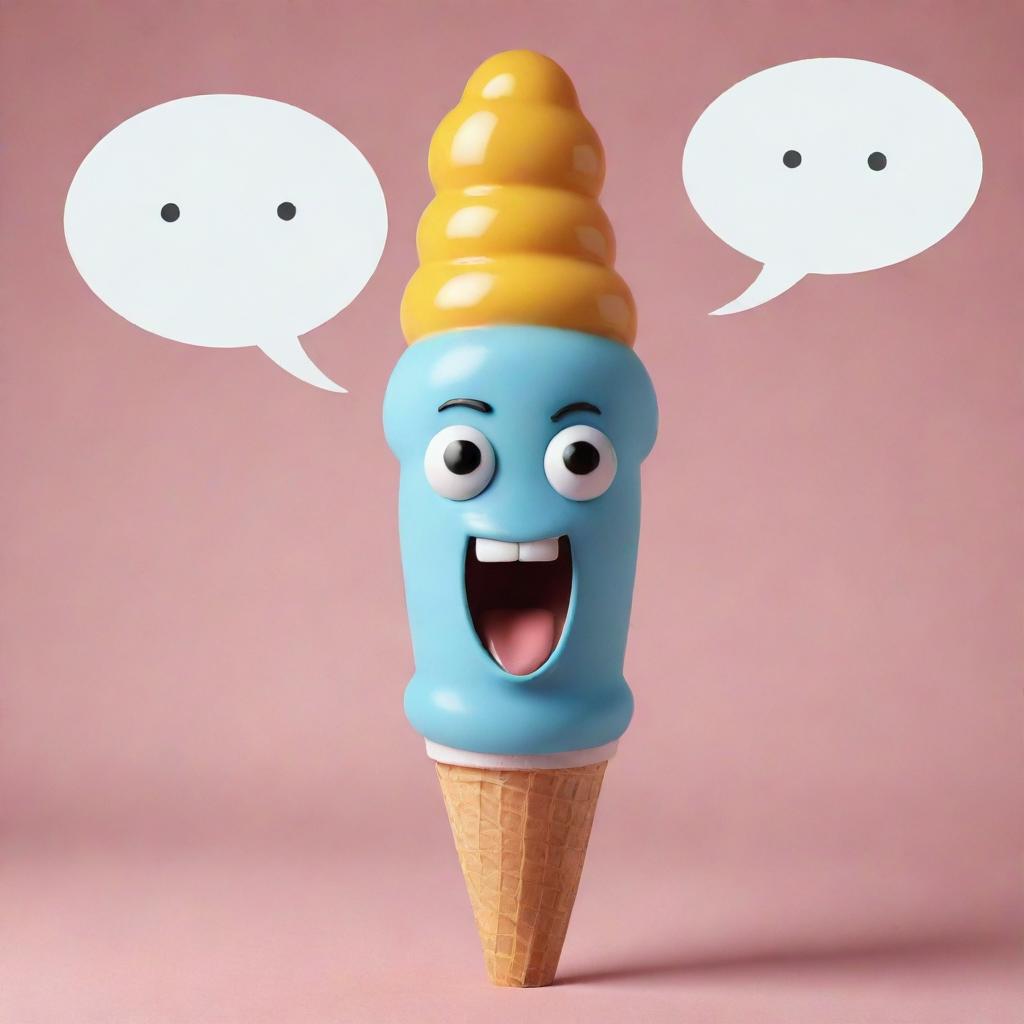 An anthropomorphic, realistically rendered ice-cream cone with a cheerful face, expressing itself through speech bubbles