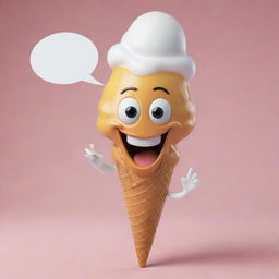 An anthropomorphic, realistically rendered ice-cream cone with a cheerful face, expressing itself through speech bubbles