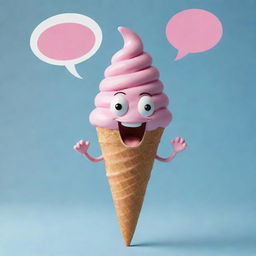 An anthropomorphic, realistically rendered ice-cream cone with a cheerful face, expressing itself through speech bubbles