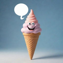 An anthropomorphic, realistically rendered ice-cream cone with a cheerful face, expressing itself through speech bubbles