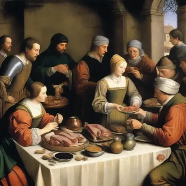 During medieval banquets, roasted meats were often served au jus, accompanied by extravagant feasts and lively entertainment.