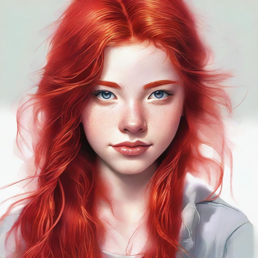 A digital art portrait of a teenage girl with vibrant red hair