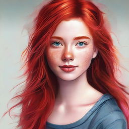 A digital art portrait of a teenage girl with vibrant red hair