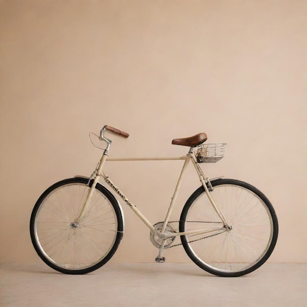 A high quality photo featuring a bicycle standing uniquely against a soft beige background.