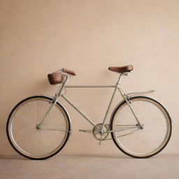 A high quality photo featuring a bicycle standing uniquely against a soft beige background.