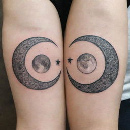 Two phases of the moon as an intricate tattoo design, one adorned with an 'R' and the other with an 'S', symbolizing personal growth and change.