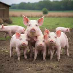 A heartwarming family picture of pigs in a healthy farmland setting, with piglets cheerfully playing around their protective, yet tender, sow mother.