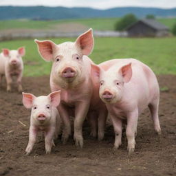 A heartwarming family picture of pigs in a healthy farmland setting, with piglets cheerfully playing around their protective, yet tender, sow mother.