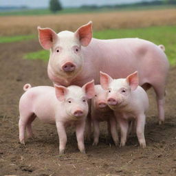 A heartwarming family picture of pigs in a healthy farmland setting, with piglets cheerfully playing around their protective, yet tender, sow mother.