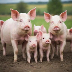 A heartwarming family picture of pigs in a healthy farmland setting, with piglets cheerfully playing around their protective, yet tender, sow mother.