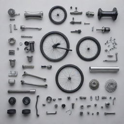 An image showing various modern bicycle parts, neatly arranged, showcasing their engineering precision and sleek aesthetics.