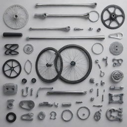 An image showing various modern bicycle parts, neatly arranged, showcasing their engineering precision and sleek aesthetics.