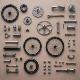 An image showing various modern bicycle parts, neatly arranged, showcasing their engineering precision and sleek aesthetics.