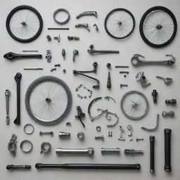 An image showing various modern bicycle parts, neatly arranged, showcasing their engineering precision and sleek aesthetics.