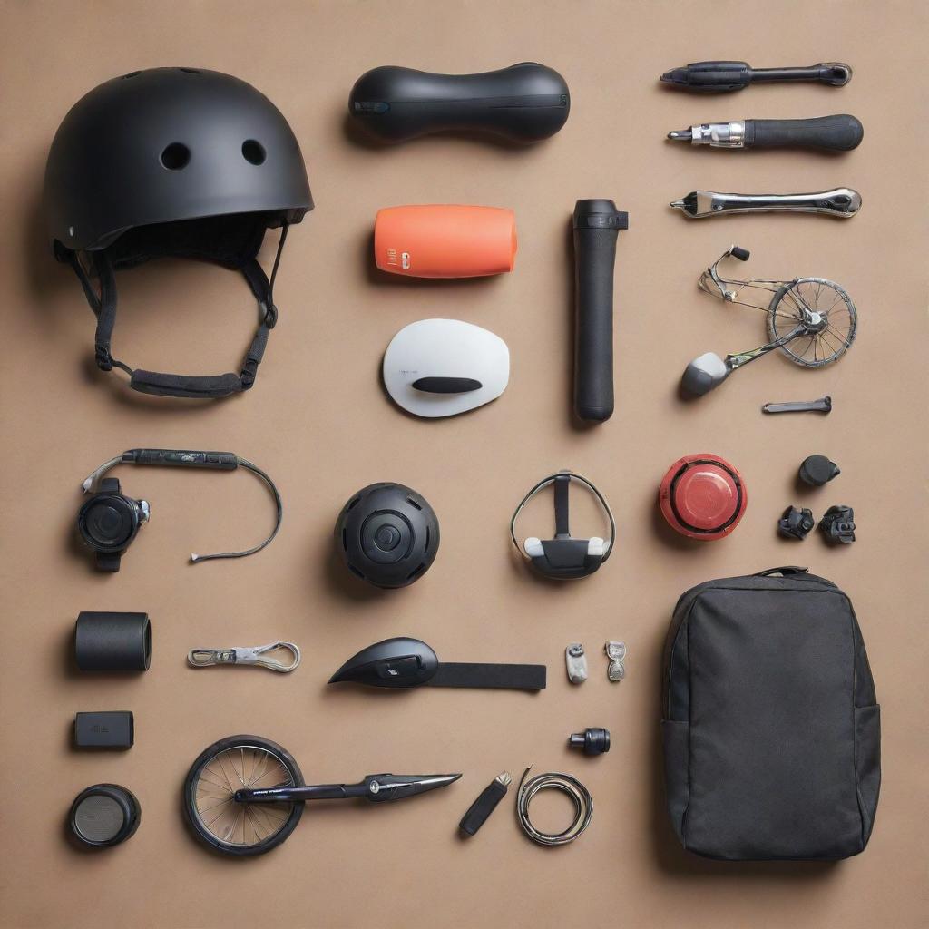 An engaging image featuring an array of modern bicycle accessories, from sleek helmets to tech-savvy gadgets, placed tastefully against a complementary backdrop.