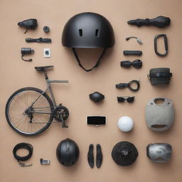 An engaging image featuring an array of modern bicycle accessories, from sleek helmets to tech-savvy gadgets, placed tastefully against a complementary backdrop.