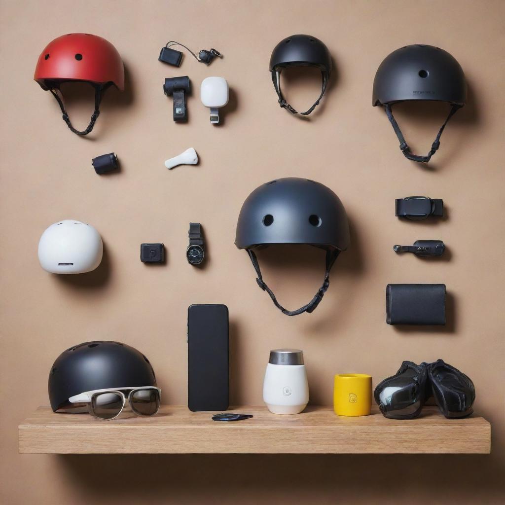 An engaging image featuring an array of modern bicycle accessories, from sleek helmets to tech-savvy gadgets, placed tastefully against a complementary backdrop.