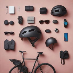 An engaging image featuring an array of modern bicycle accessories, from sleek helmets to tech-savvy gadgets, placed tastefully against a complementary backdrop.