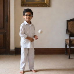 A petite boy with glasses wearing a shirt and shalwar, displaying an action of throwing a cricket ball, situated in the coziness of a drawing room.