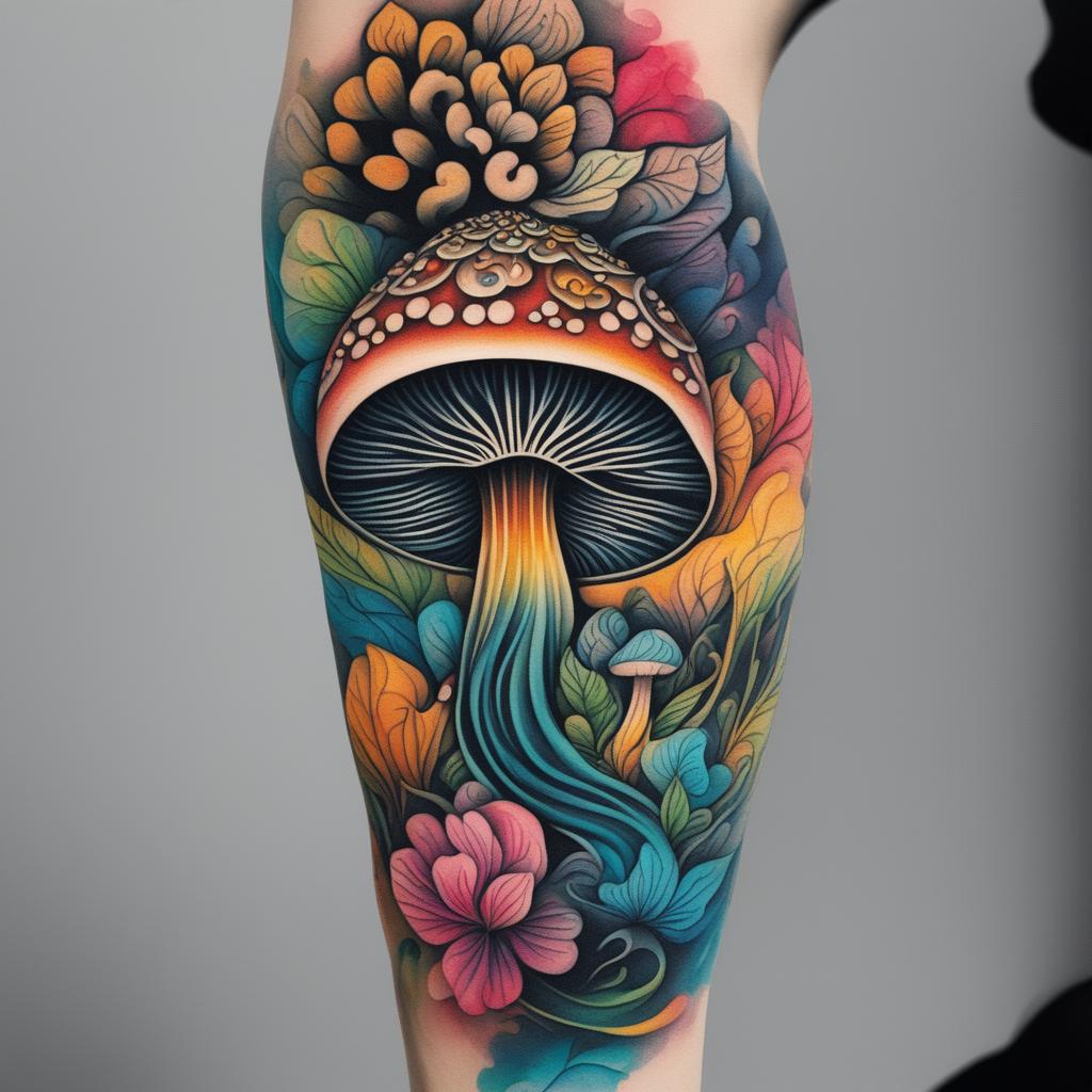 An illustrative tattoo design of a psychedelic mushroom, depicted in vibrant colors against a stark black background