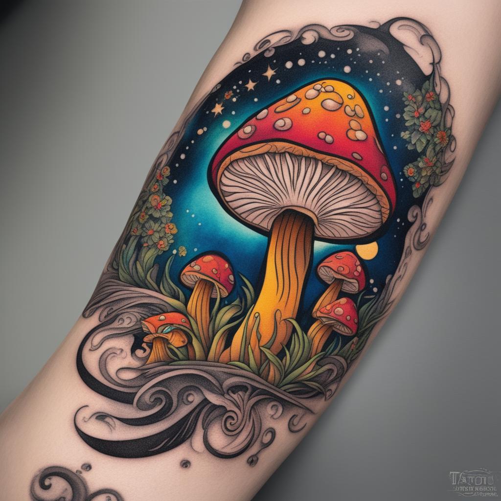 An illustrative tattoo design of a psychedelic mushroom, depicted in vibrant colors against a stark black background