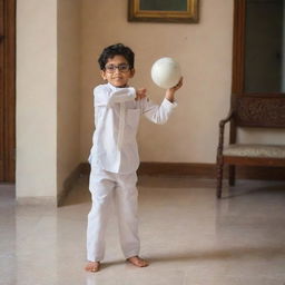 A petite boy with glasses wearing a shirt and shalwar, displaying an action of throwing a cricket ball, situated in the coziness of a drawing room.