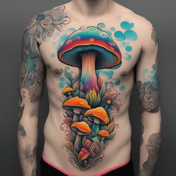 An illustrative tattoo design of a psychedelic mushroom, depicted in vibrant colors against a stark black background