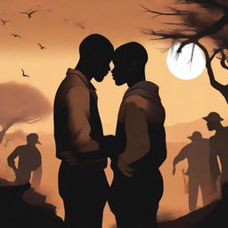 A high-quality digital art image depicting a romantic scene between two Black or African characters in a dusty landscape