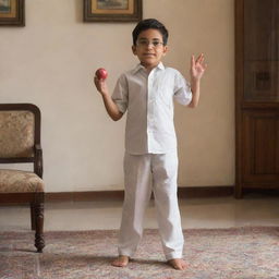 A petite boy with glasses wearing a shirt and shalwar, displaying an action of throwing a cricket ball, situated in the coziness of a drawing room.