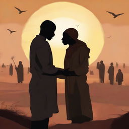 A high-quality digital art image depicting a romantic scene between two Black or African characters in a dusty landscape