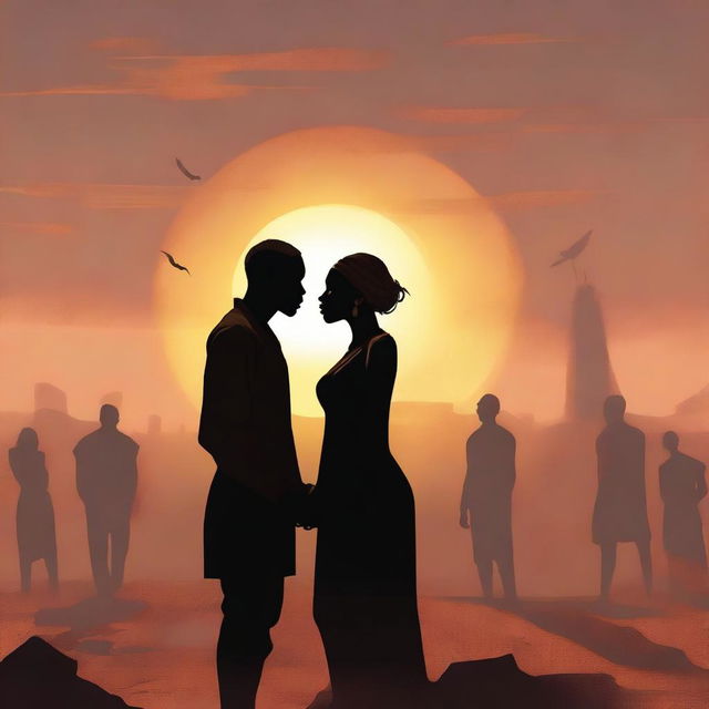 A high-quality digital art image depicting a romantic scene between two Black or African characters in a dusty landscape