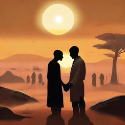 A high-quality digital art image depicting a romantic scene between two Black or African characters in a dusty landscape