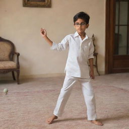 A petite boy with glasses wearing a shirt and shalwar, displaying an action of throwing a cricket ball, situated in the coziness of a drawing room.