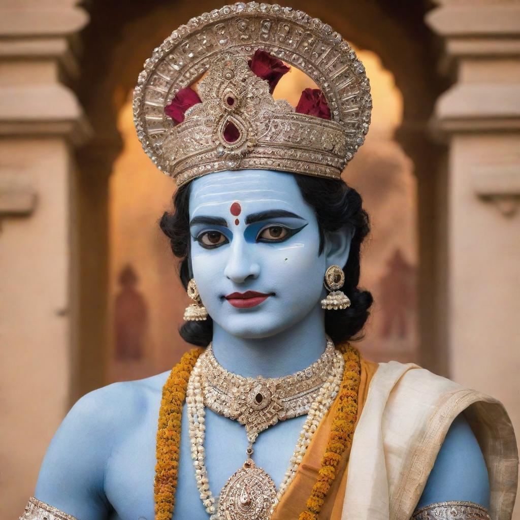 Create an image of Lord Krishna, adorned in traditional attire and radiant with captivating beauty, against a backdrop of serene beauty of Vrindavan.