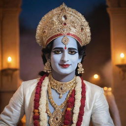 Create an image of Lord Krishna, adorned in traditional attire and radiant with captivating beauty, against a backdrop of serene beauty of Vrindavan.