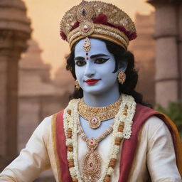 Create an image of Lord Krishna, adorned in traditional attire and radiant with captivating beauty, against a backdrop of serene beauty of Vrindavan.