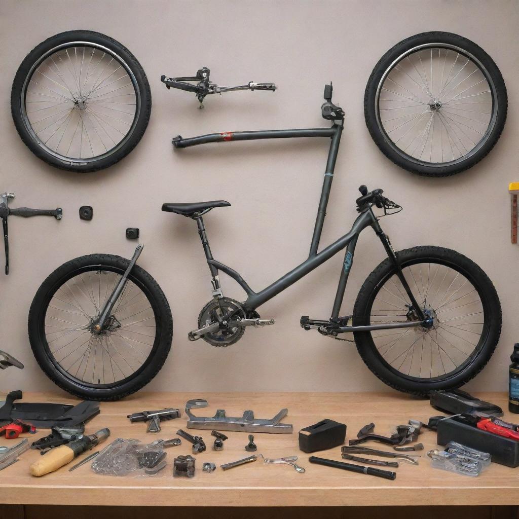 Generate an image displaying a modern, well-equipped bicycle maintenance setup, revealing a meticulous arrangement of tools and bicycle components.