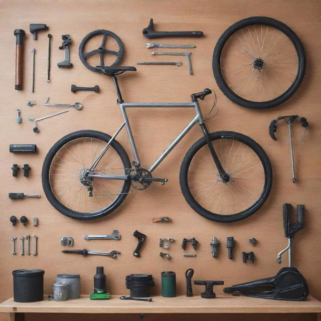 Generate an image displaying a modern, well-equipped bicycle maintenance setup, revealing a meticulous arrangement of tools and bicycle components.