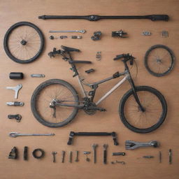 Generate an image displaying a modern, well-equipped bicycle maintenance setup, revealing a meticulous arrangement of tools and bicycle components.