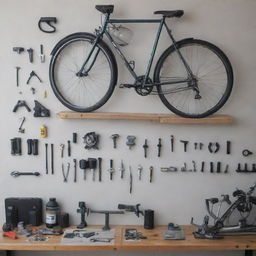 Generate an image displaying a modern, well-equipped bicycle maintenance setup, revealing a meticulous arrangement of tools and bicycle components.