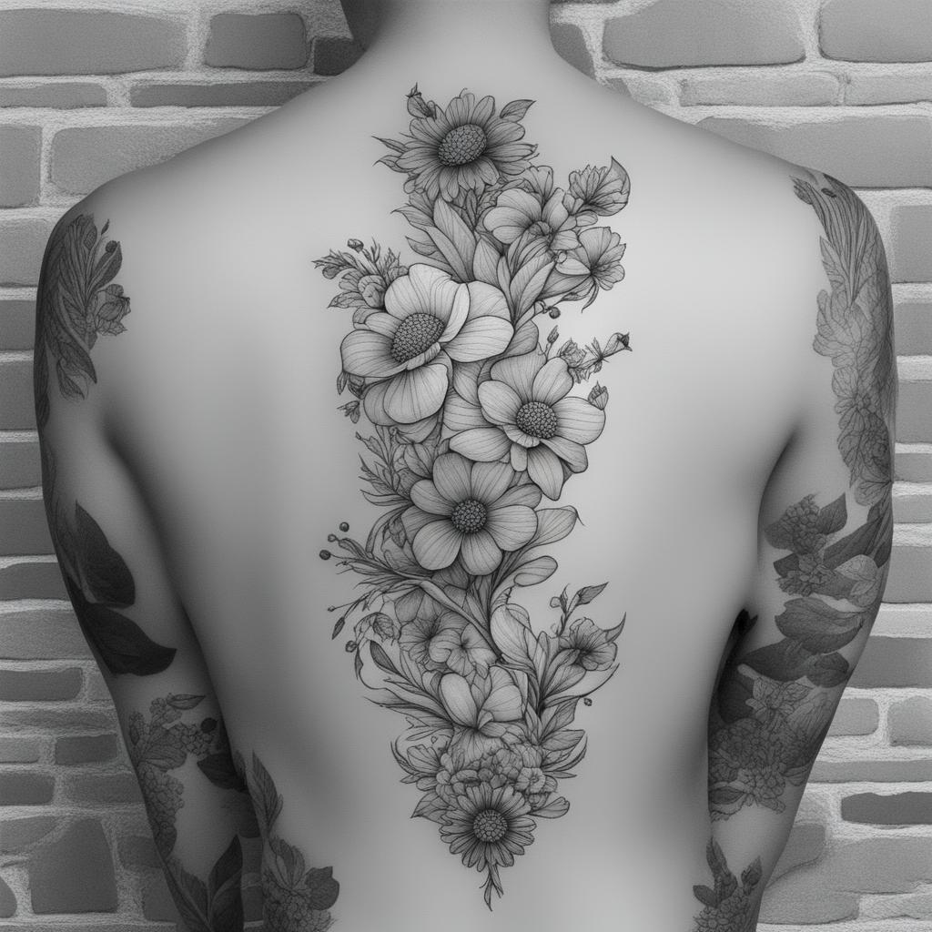 This is a black and white illustrative tattoo design of a bouquet of wild flowers