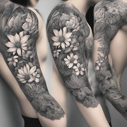 This is a black and white illustrative tattoo design of a bouquet of wild flowers