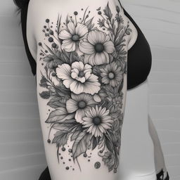 This is a black and white illustrative tattoo design of a bouquet of wild flowers